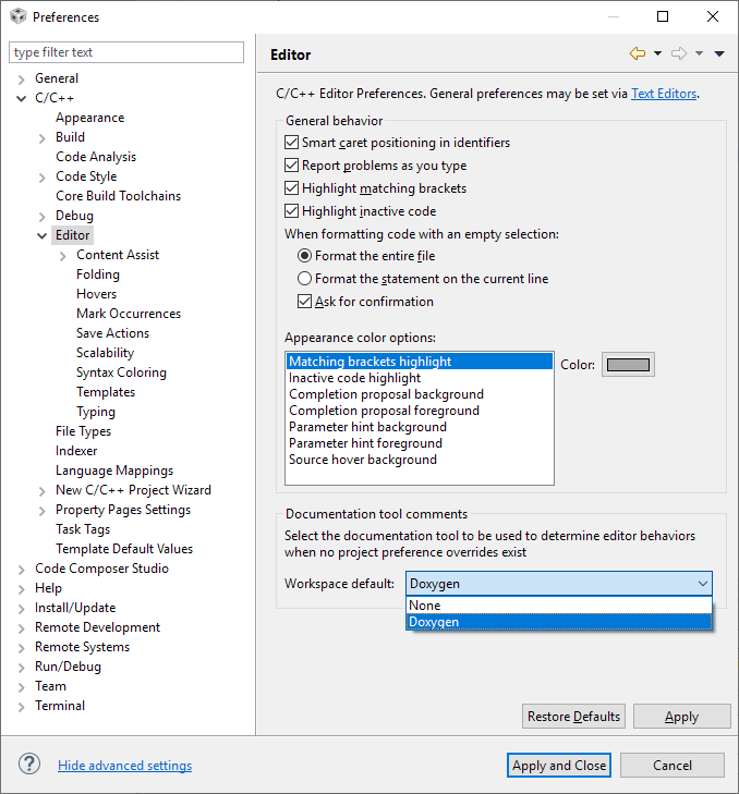 alt: "Enabling doxygen documentation tool in CCS", w:50