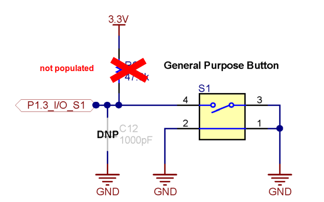 alt: "Button on the used Launchpad connected to P1.3", src: "Launchpad MSP-EXP430G2ET, page 25", w:50