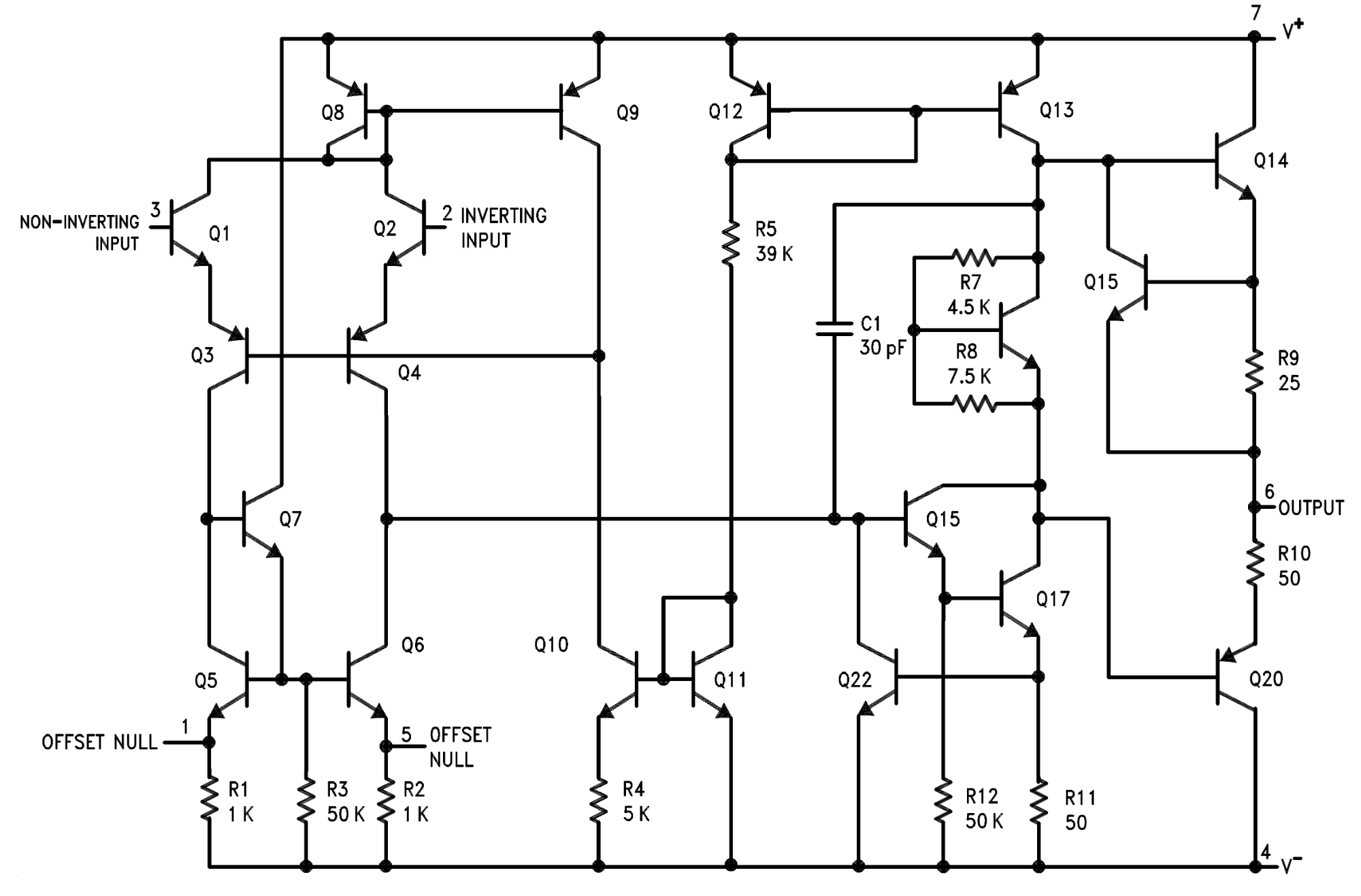 alt: "Aufbau des LM741", src: "Datenblatt von Texas Instruments", w:75