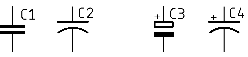 alt: "Schaltzeichen: Kondensator (nicht polarisiert EU, US, polarisiert EU, US)", w:50