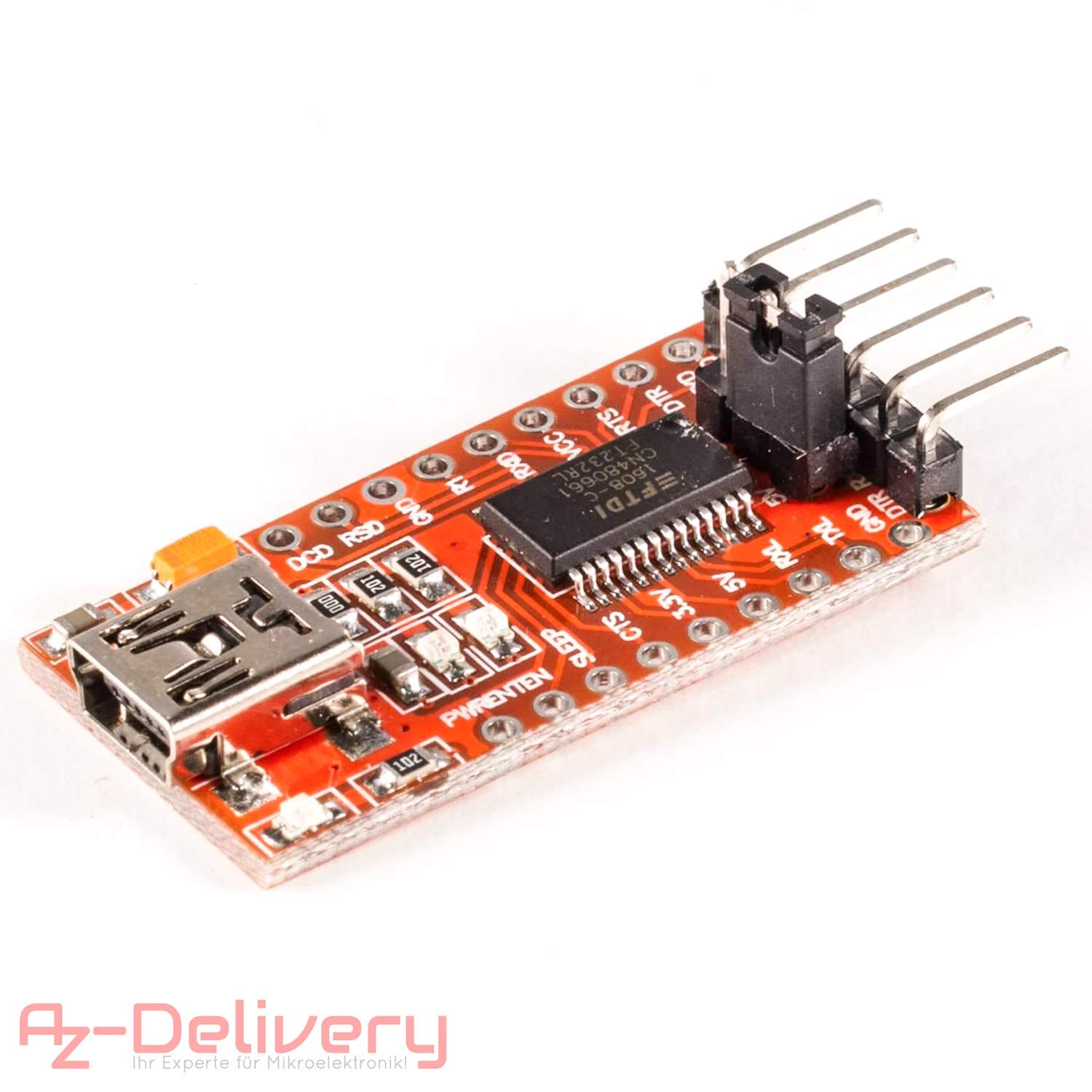 alt: "FT232R mit Leiterplatte", src: "Az-Delivery Productbild", w:33
