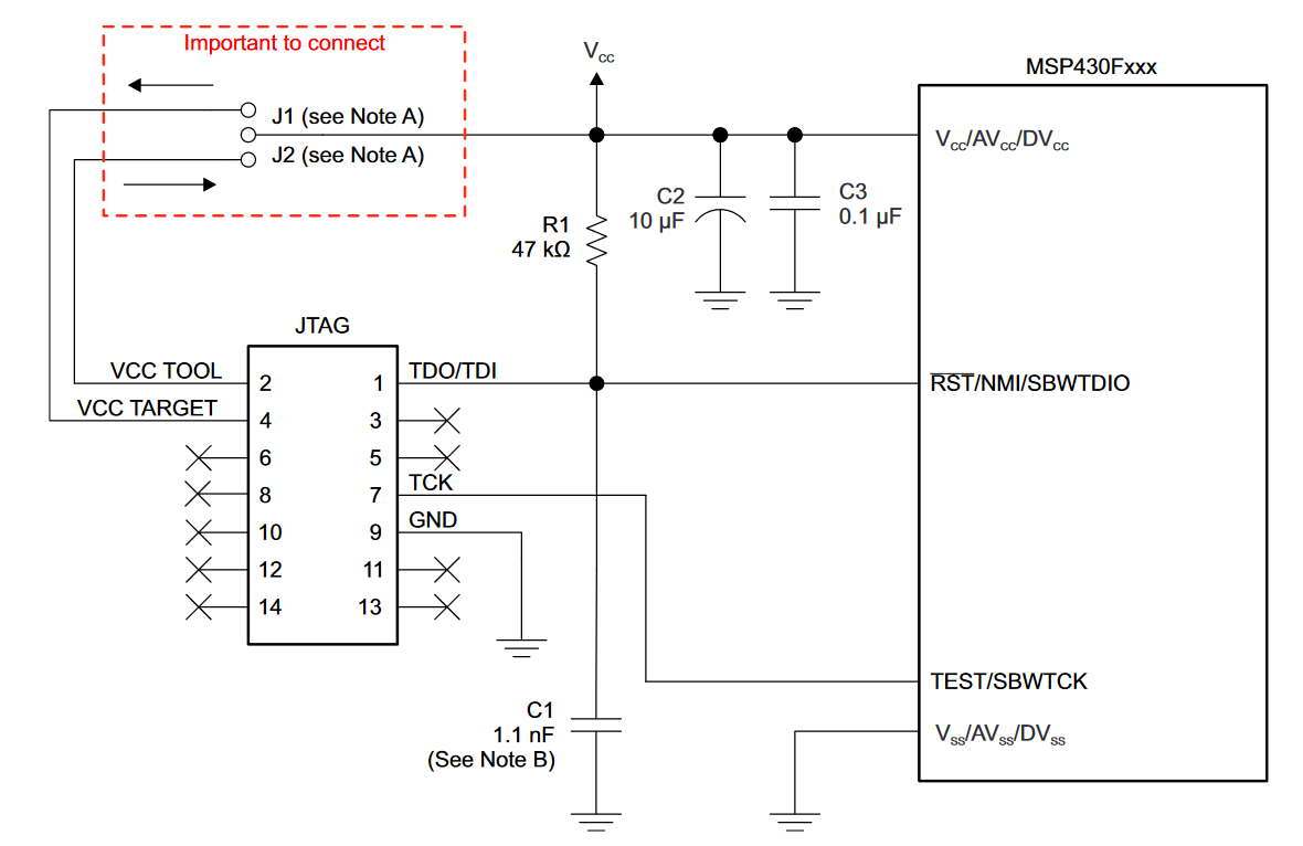 alt:"Programmierung mit dem MSP430-FET über Spy-Bi-Wire", src: "Texas Intruments: SLAU278AF, S. 23", w:66